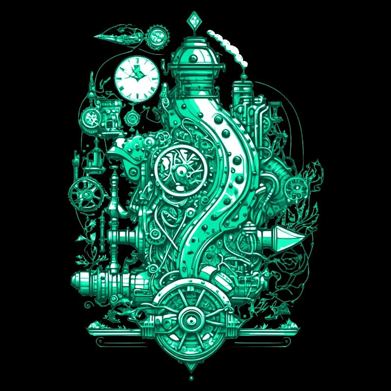 Steampunk steam engine with clockwork and technology