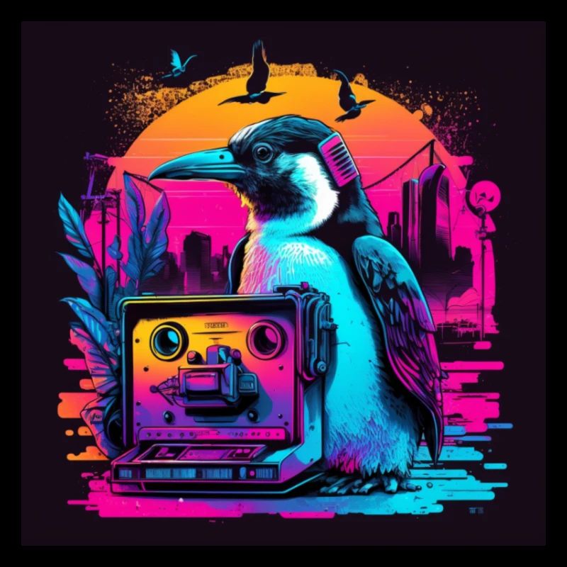 Pinguin mit Neonfarben, Synthwave / 80er Jahre