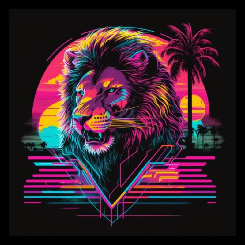 Lion with neon colors, synthwave / 80s