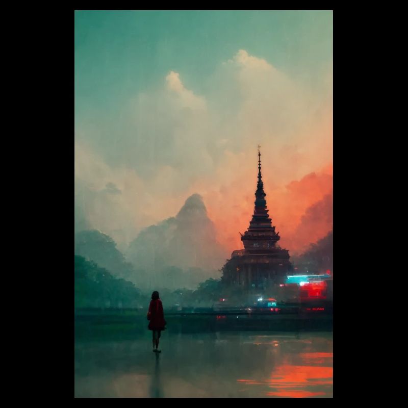 Mädchen steht vor einem Tempel in Thailand