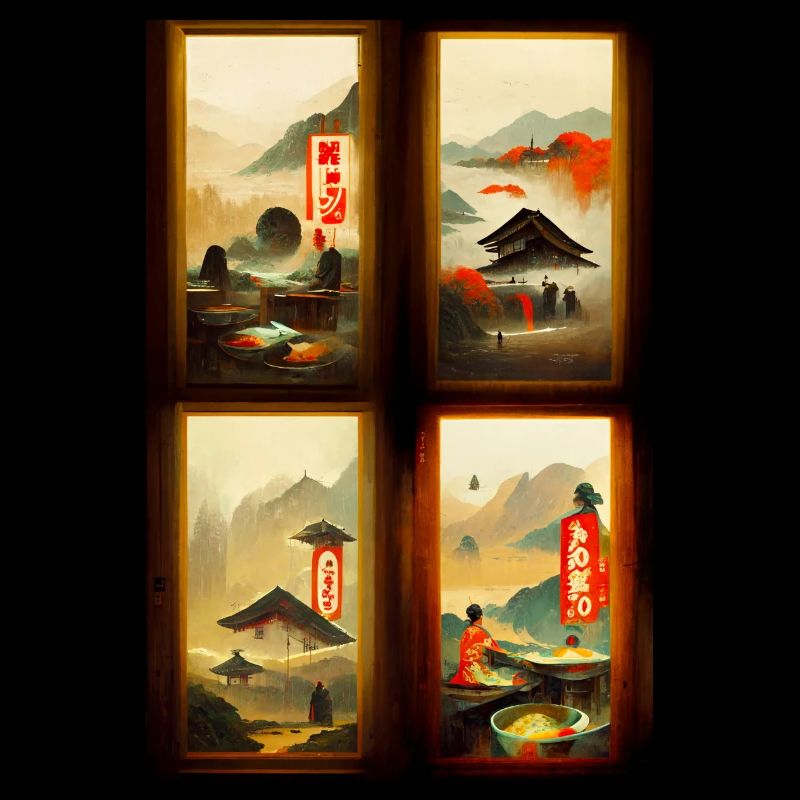 Collage de bâtiments japonais à travers 4 peintures de fenêtres