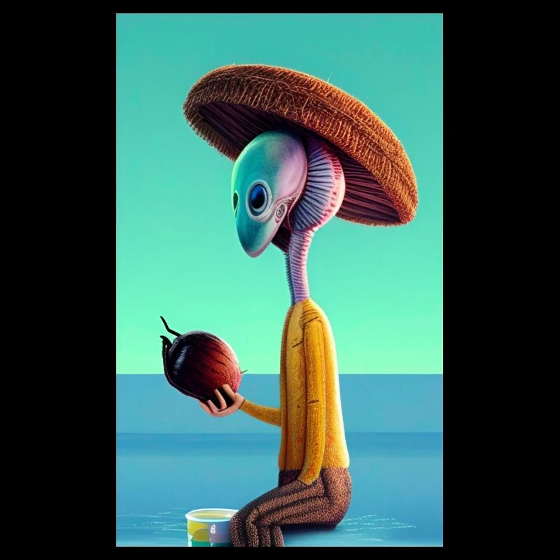 Crazy Comic Alien an einem Strand mit einer Weltraumkokosnuss