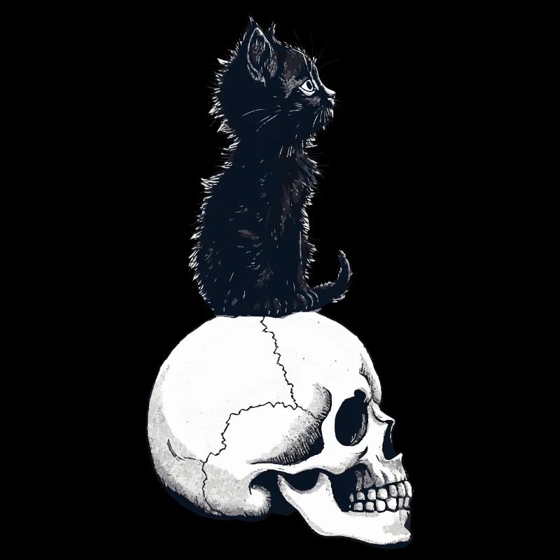 Niedliches Kätzchen sitzt auf einem Schädel