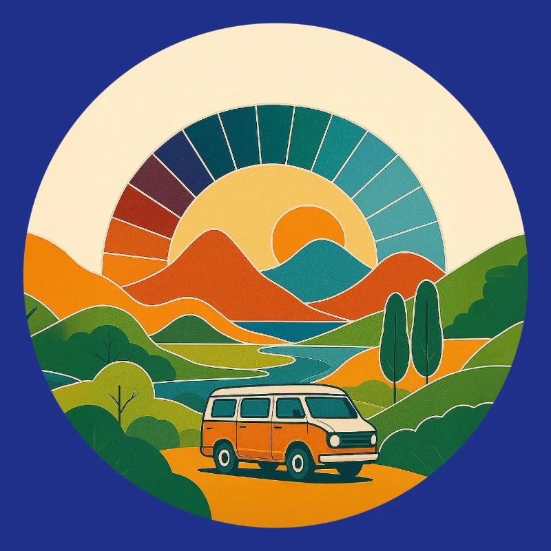 Retro Landschaft mit Van – Reise im Sonnenbogen
