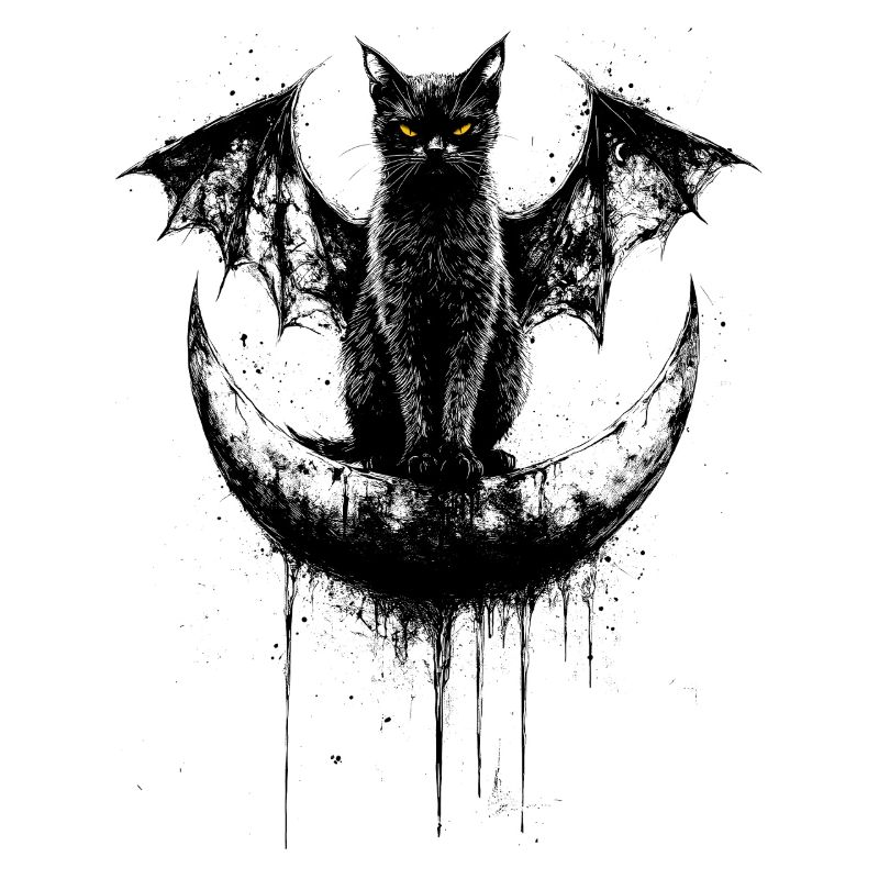 Gothic Black Cat Bat Wings Crescent Moon Dark