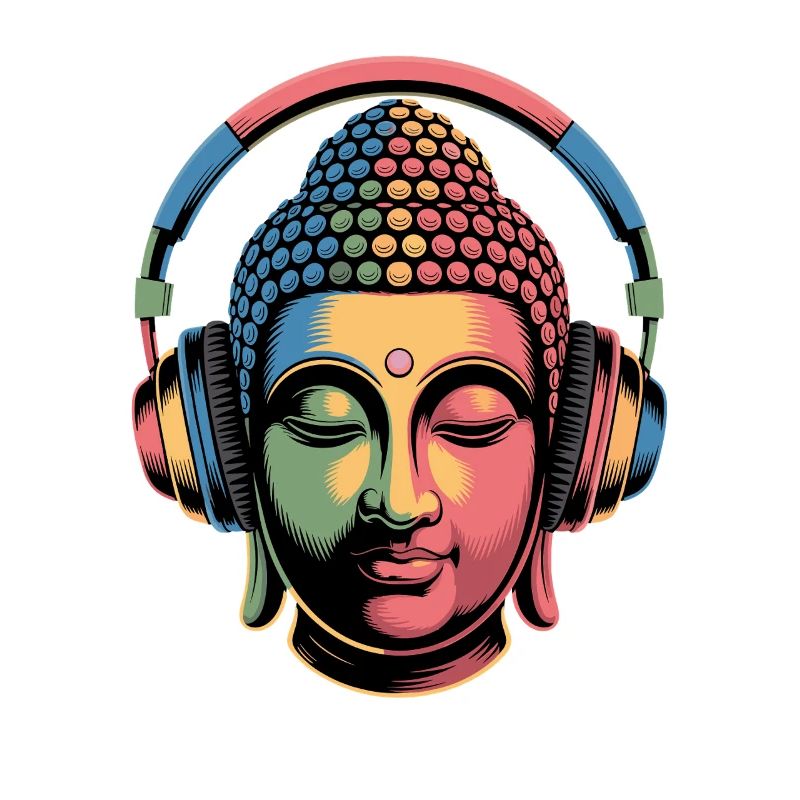Buddha mit Kopfhörern Achtsamkeit Musik Boho Zen