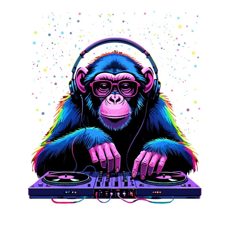 Bunter DJ-Affe mit Kopfhörern und Brille
