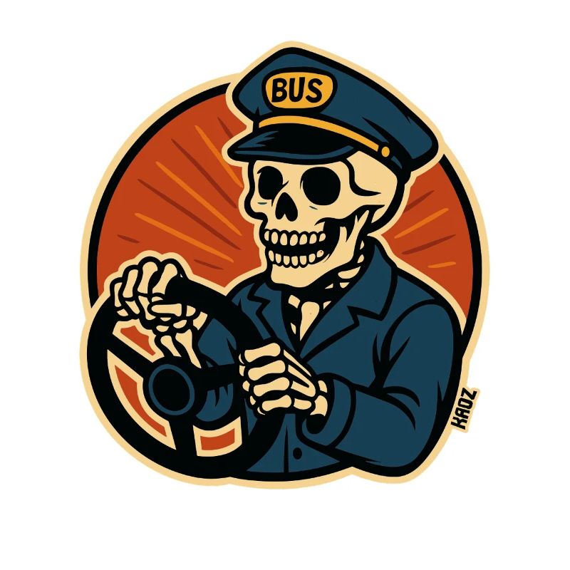 Skeleton bus driver at bus steering wheel