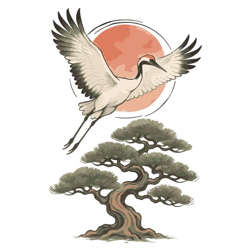 Flying Crane Over Pine Tree