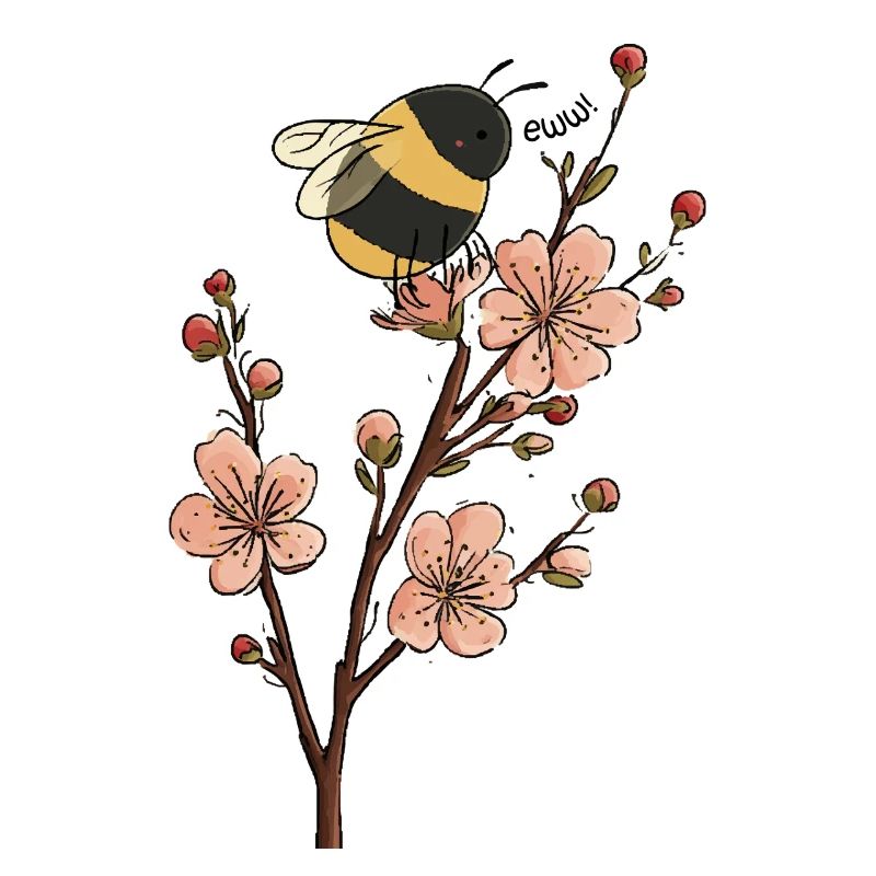 Funny Bee and Cherry Blossom Illustration 