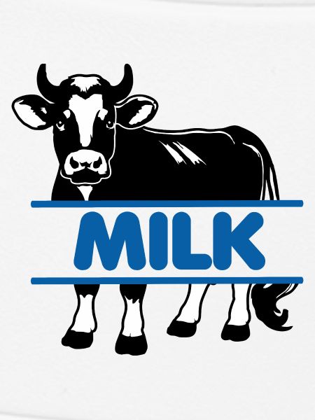 Milchkuh mit blauem Text "MILK"