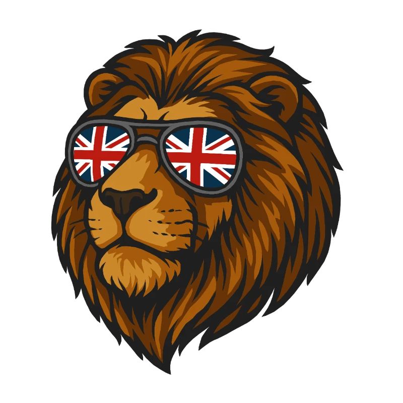 Löwe mit der britischen Flagge in Brille
