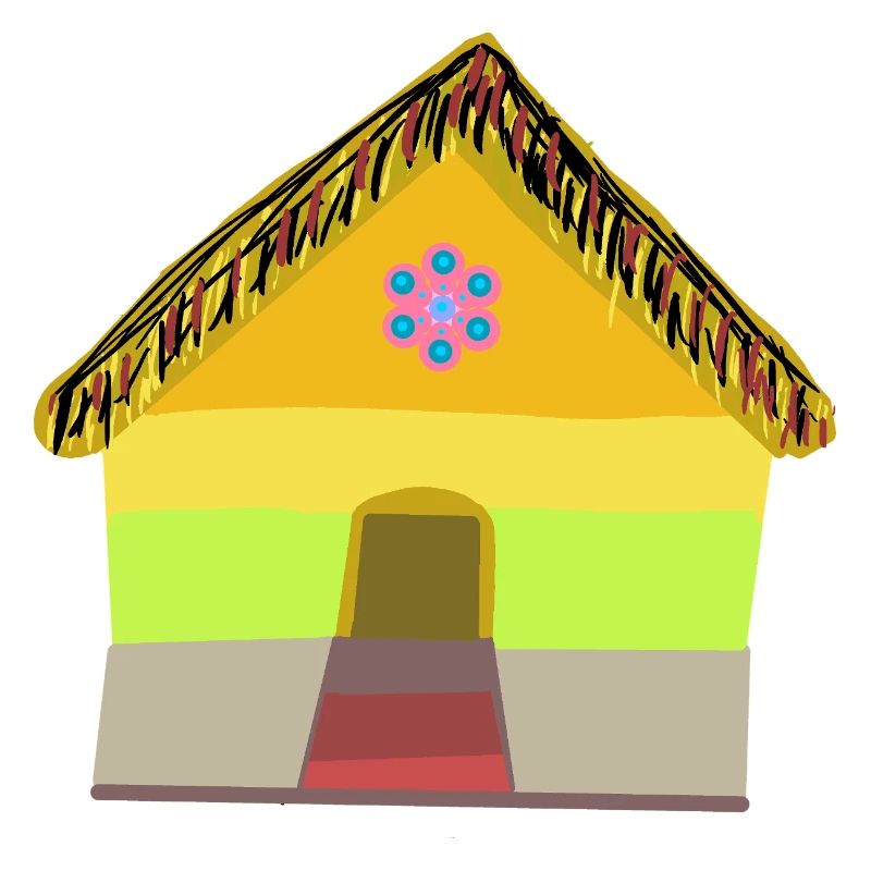 Buntes Dorfhaus mit Strohdach