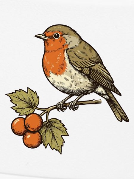 Rotkehlchen an Herbstbeeren