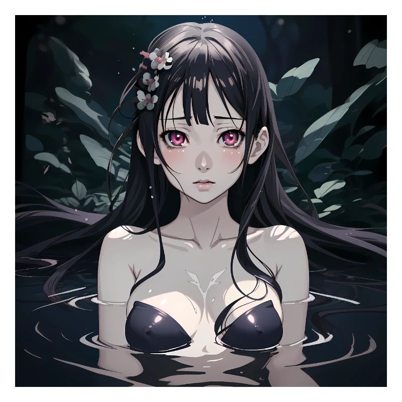 Süßes Anime Mädchen im Wasser mit schwarzem Haar