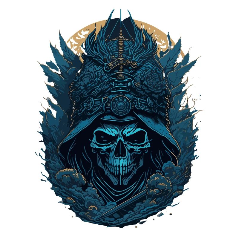 crane squelette samouraï bleu - blue samurai skull
