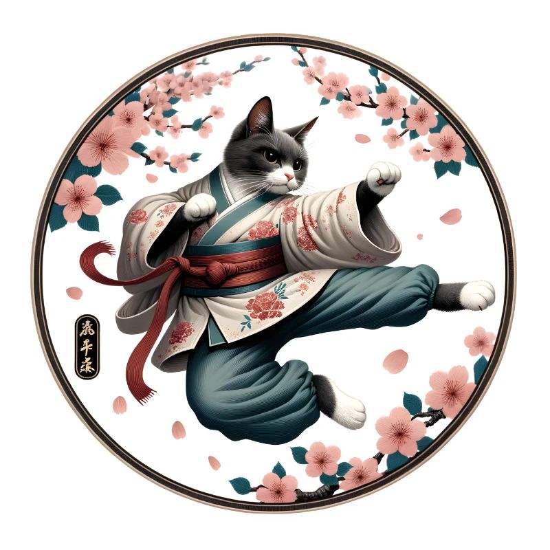 Katze mit Kimono in einer Kung Fu Kampfstellung