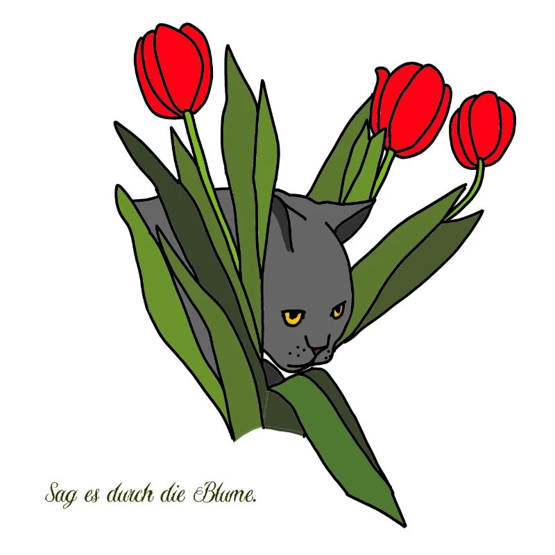 Cat between tulips