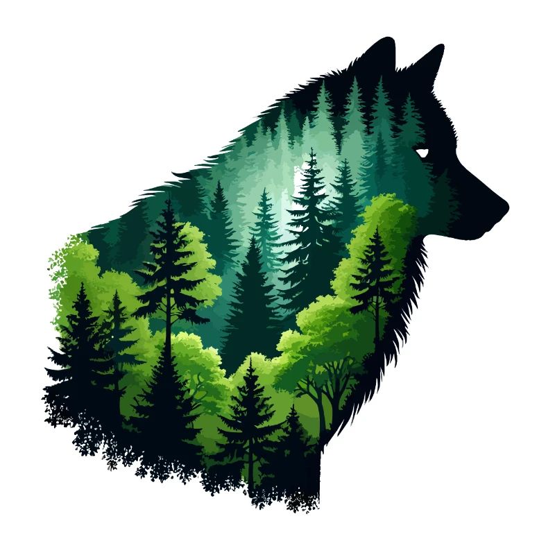 Silhouette Wolf mit grünem Wald