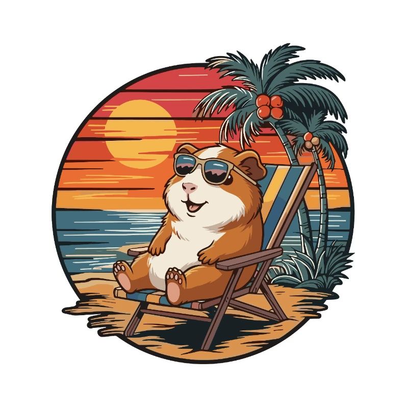 Funny Guinea Pig on Beach Summer Vacation Sunset