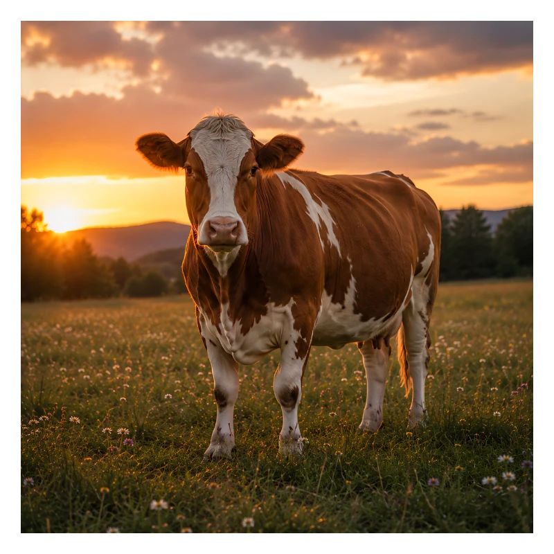 Coucher de soleil et vache dans la prairie