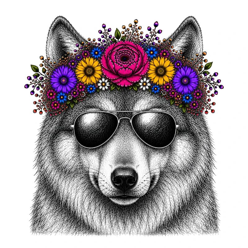 Wolf mit Blütenkranz und Sonnenbrille