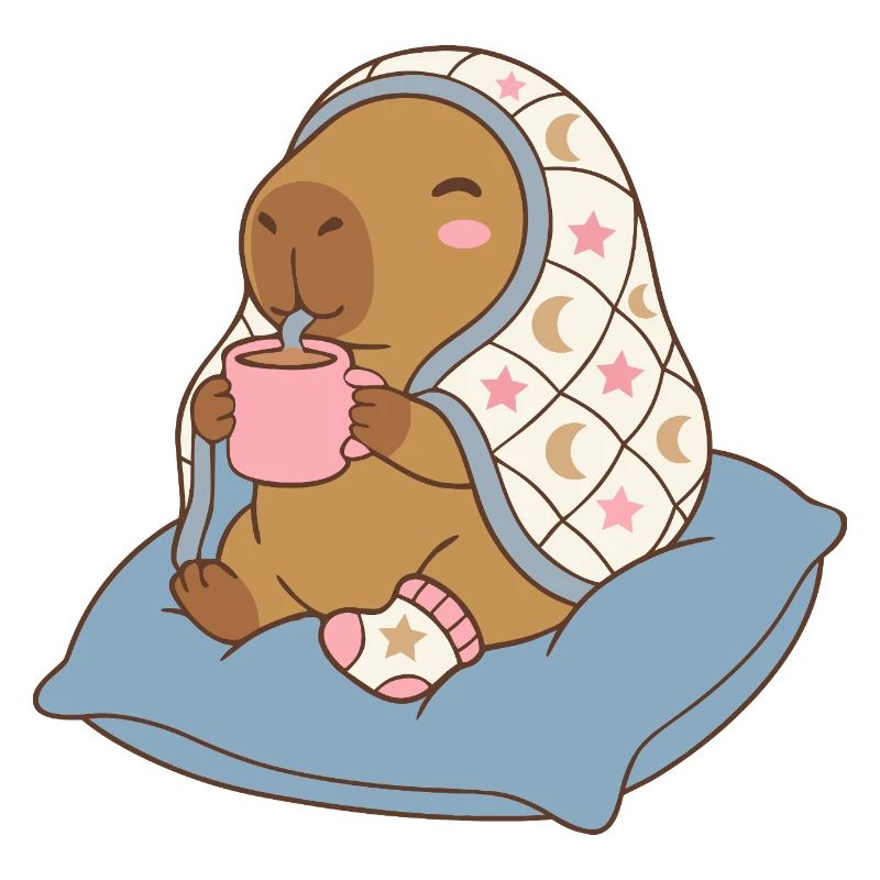 Cozy  Night Capybara on a pillow sipping cocoa