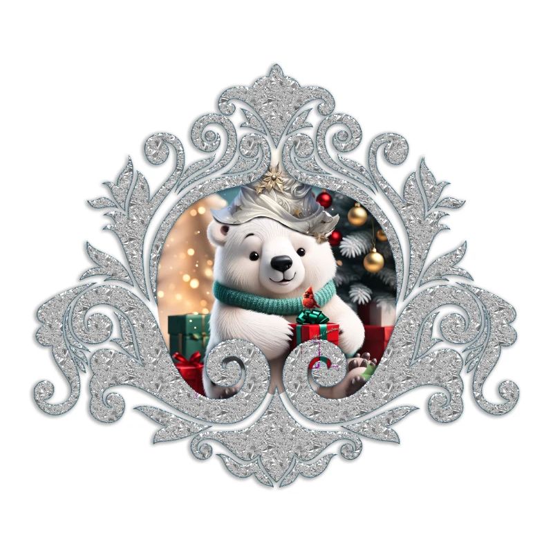Cute fluffy Christmas polar bear with gift.