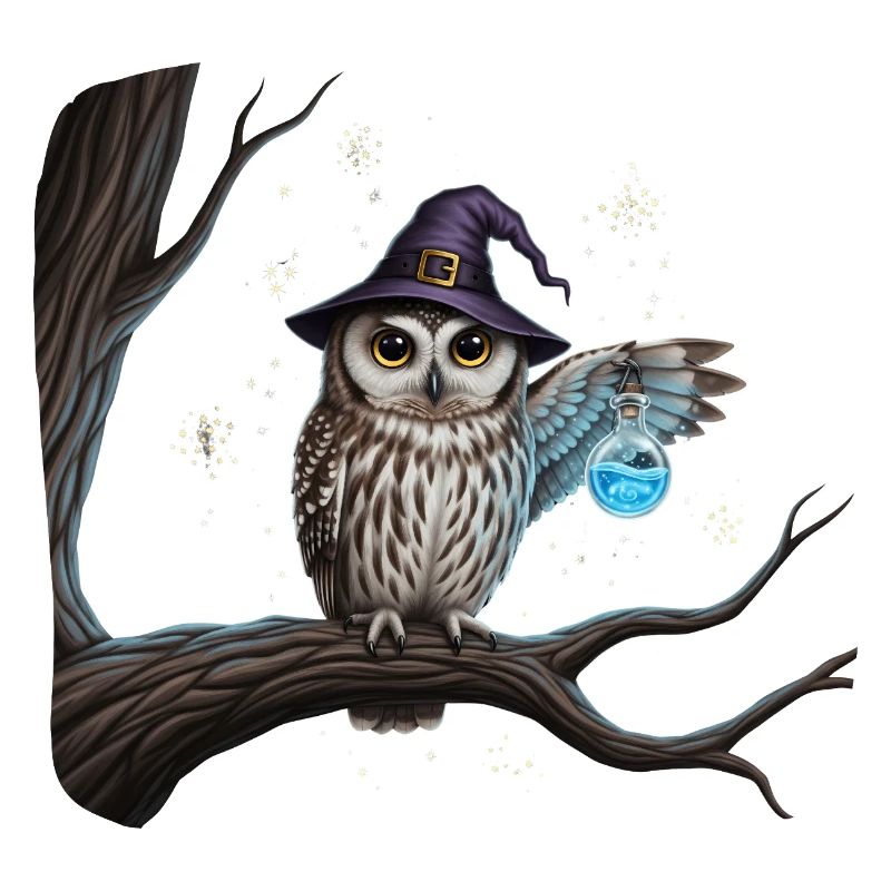 Magic owl with witch hat and magic bottle