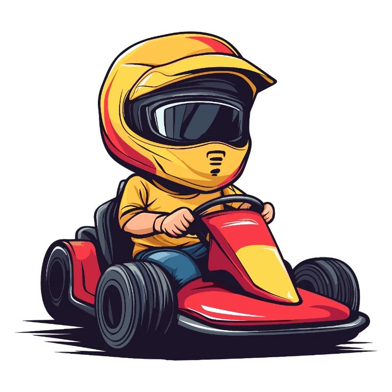 Petit pilote de course avec casque et kart