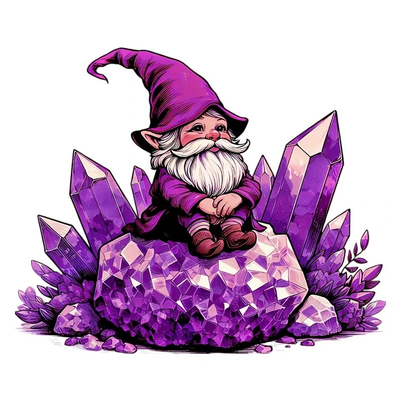 Gnome sitting on an Amethyst Crystal