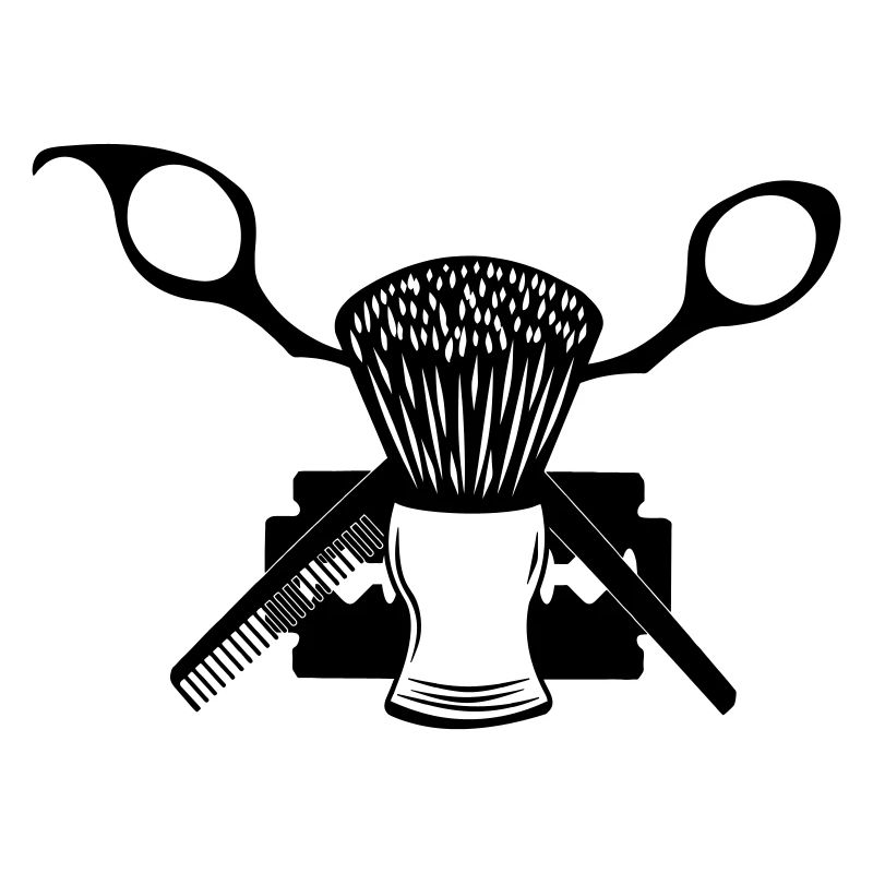 scissors shaving brush, razor blade
