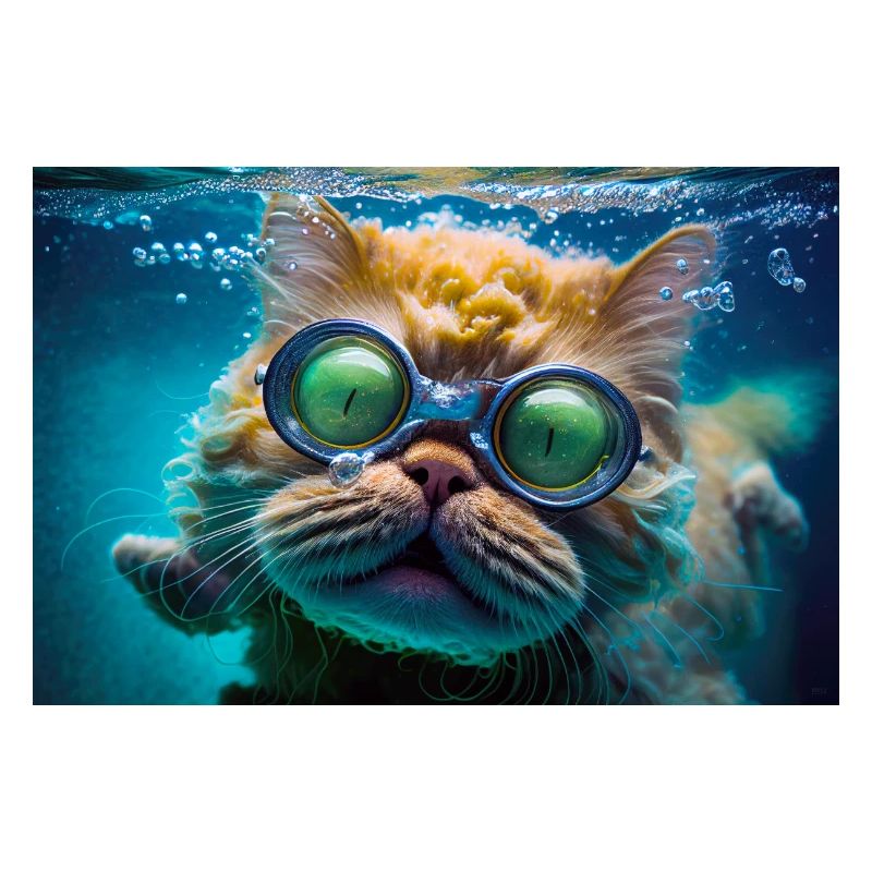 Hector the swimming cat with diving glasses