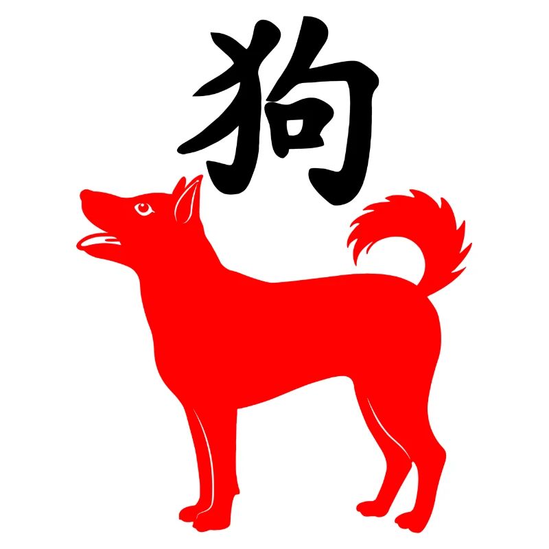 Hund mit chinesischem Schriftzeichen und rotem Hundebild