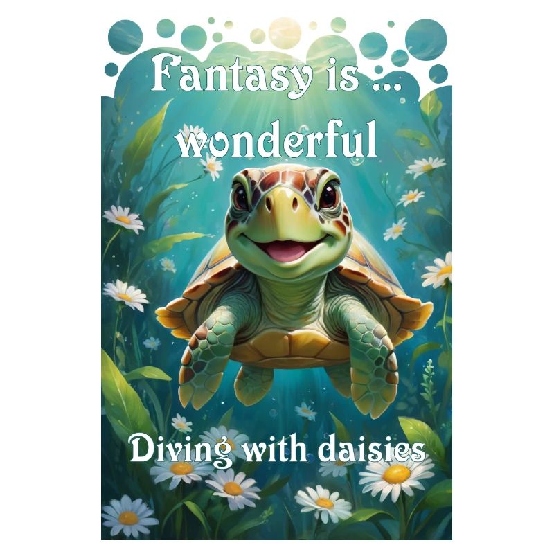Underwater turtle dives with daisies