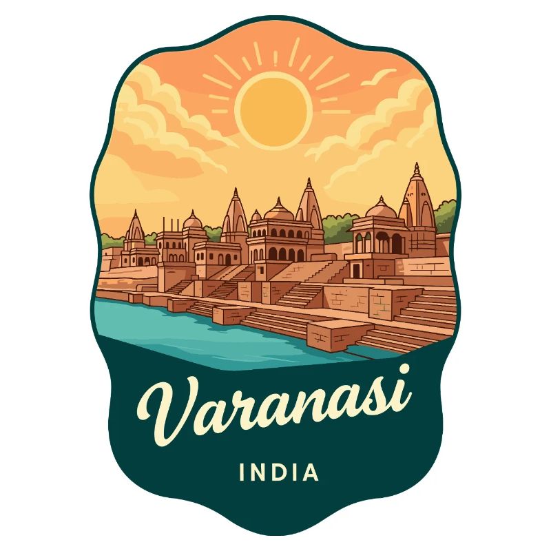 Varanasi-Ganges-Fluss Retro-Sonnenuntergangs-Reiseabzeichen