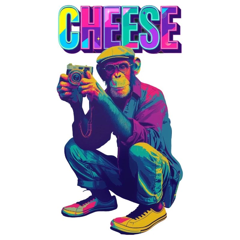Cheese! Monkey with camera in neon pop art style