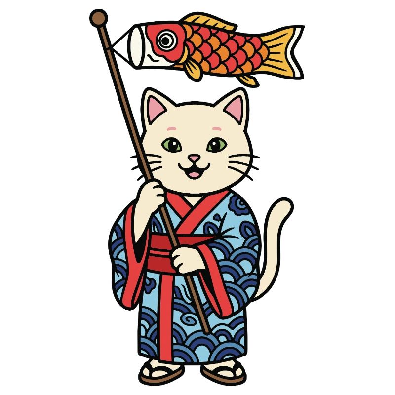 Chat japonais avec drapeau poisson