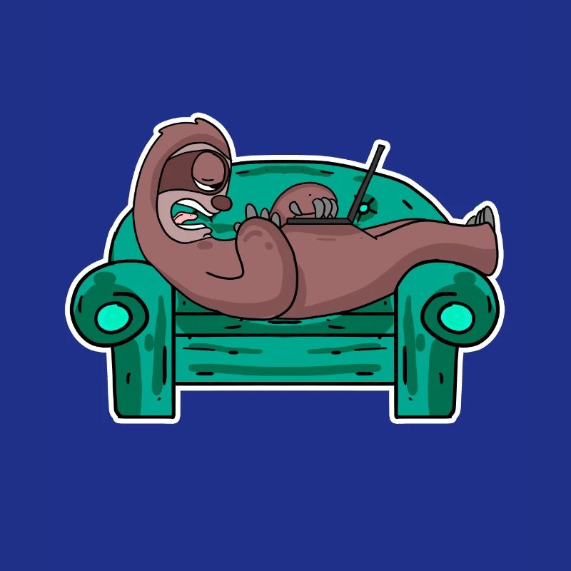 Sloth on sofa laptop staff