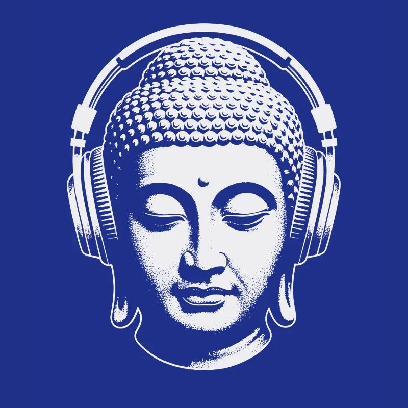 Buddha mit Kopfhörern Achtsamkeit Musik Boho Zen