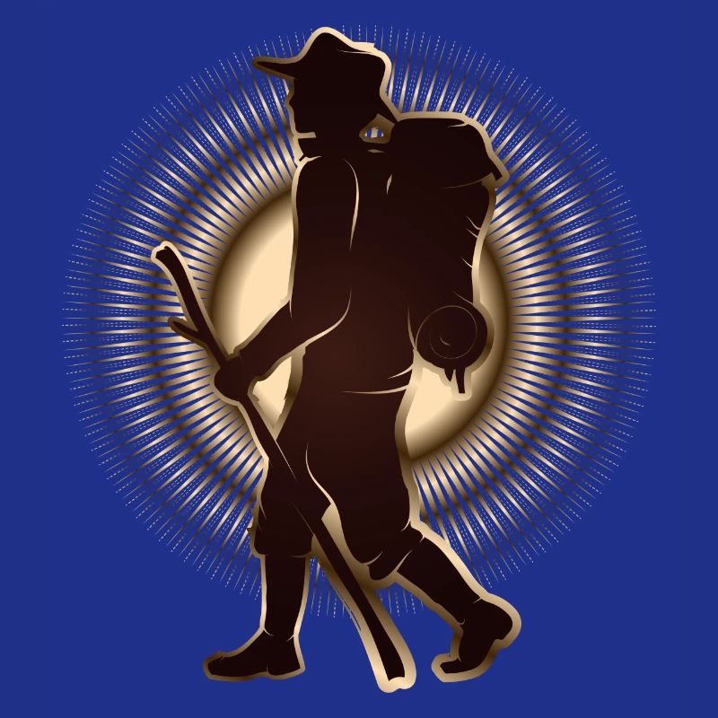 Pilgrim or hiker with walking stick & backpack