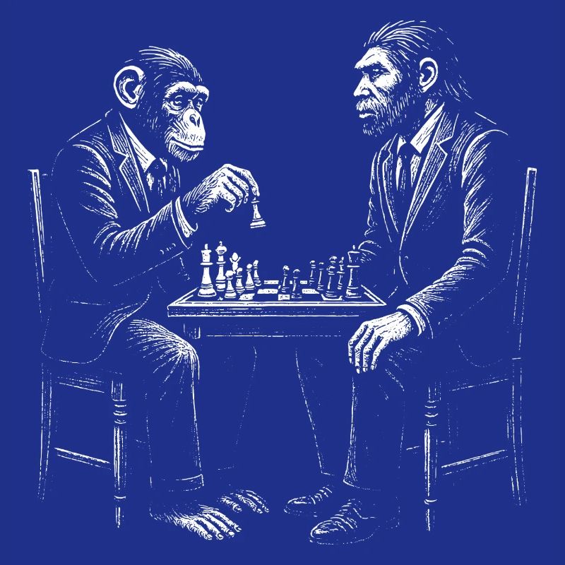 monkey plays chess with homo erectus. Funny design