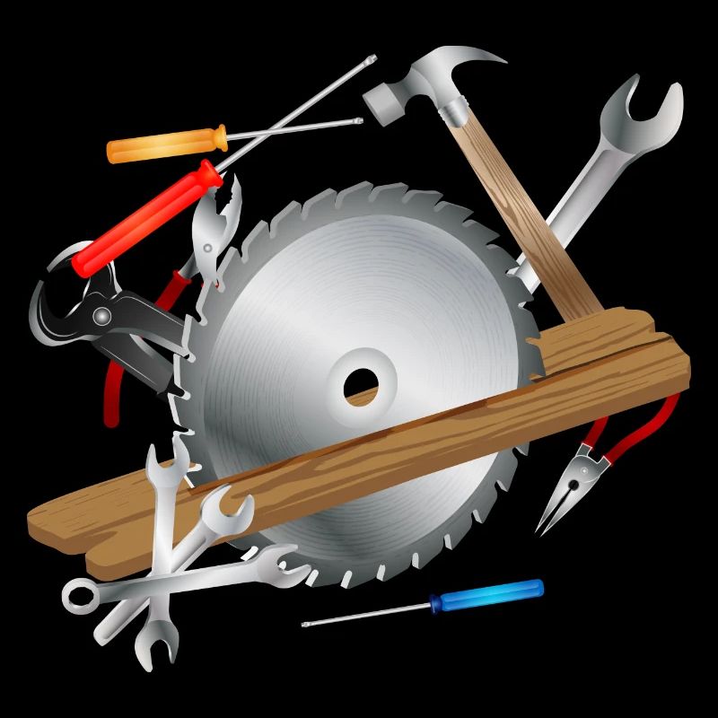 Circular saw blade with wooden board and tools