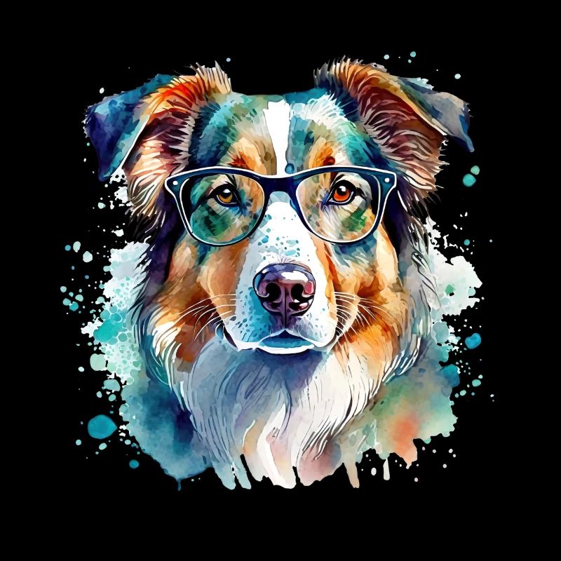 Australian Shepherd mit Brille Aquarell