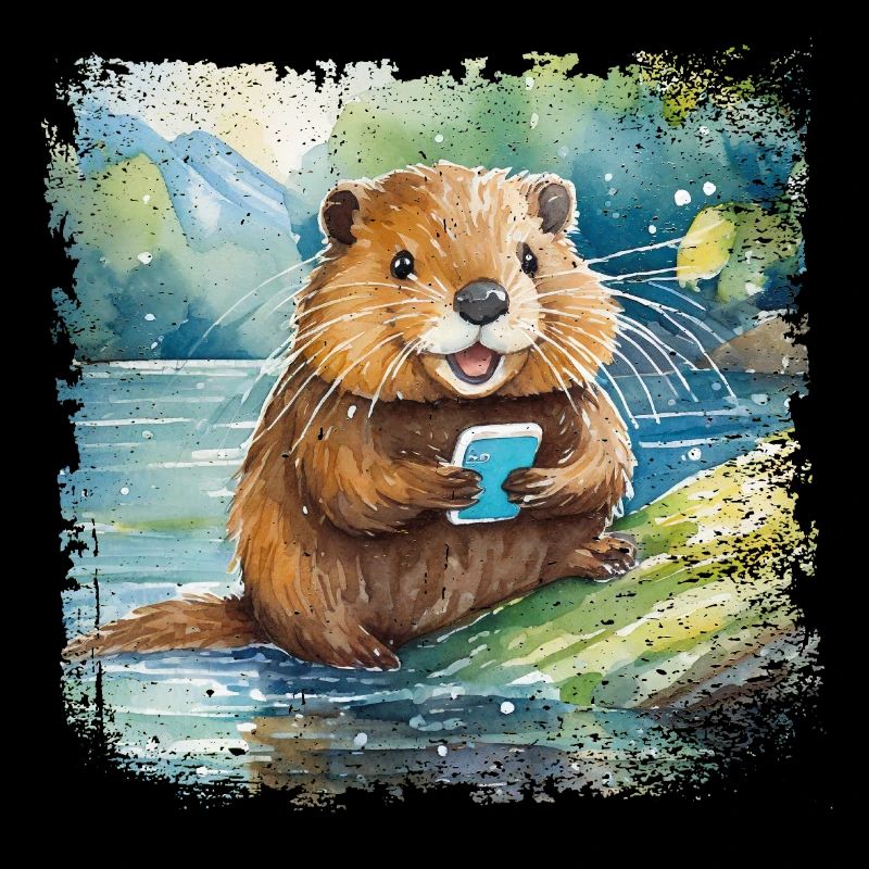 Mignon jeune castor avec téléphone portable