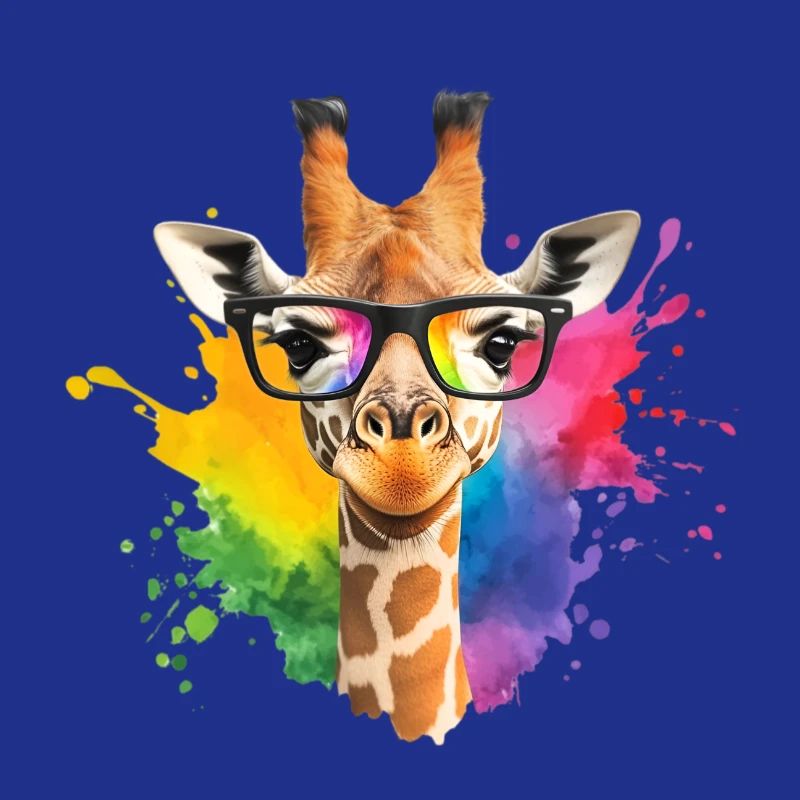 Bunte Giraffe mit Brille und Regenbogen-Spritzer