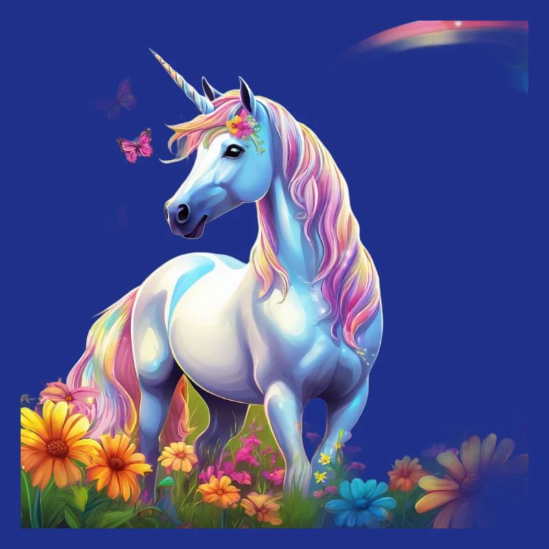 Himmlisches Einhorn im Blumenfeld mit Schmetterlin