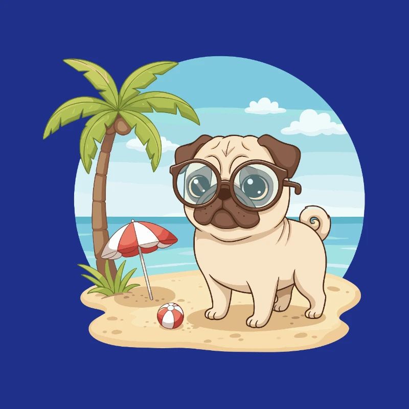 Cute Pug with Glasses Beach Summer Vacation