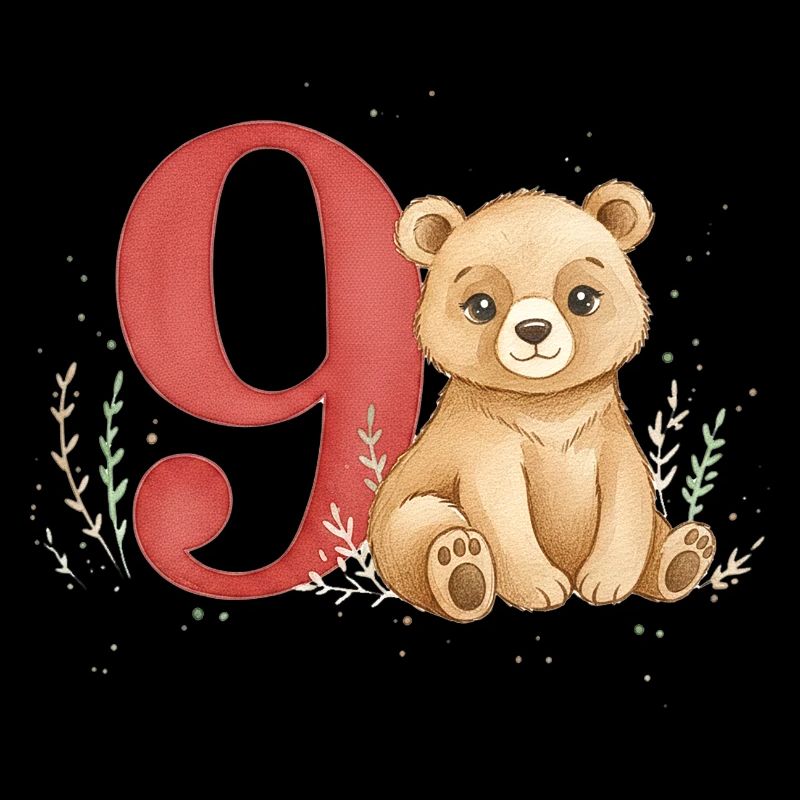 Watercolor Bear with Number 9
