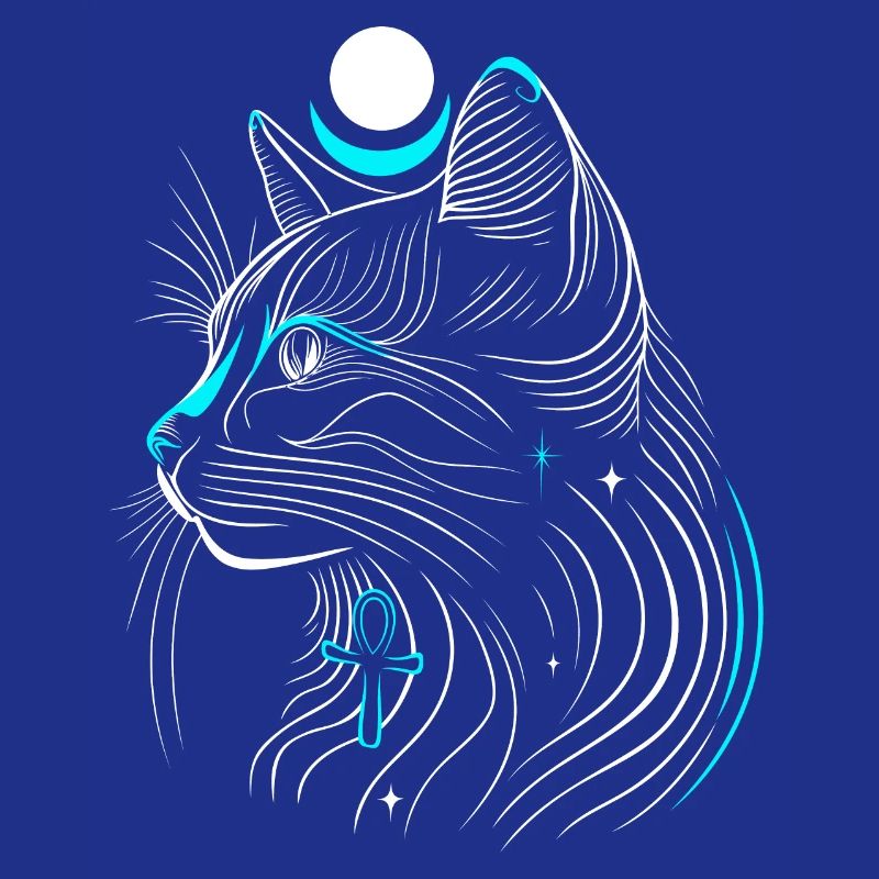 Minimalist Bastet Cat in Profile with Moon
